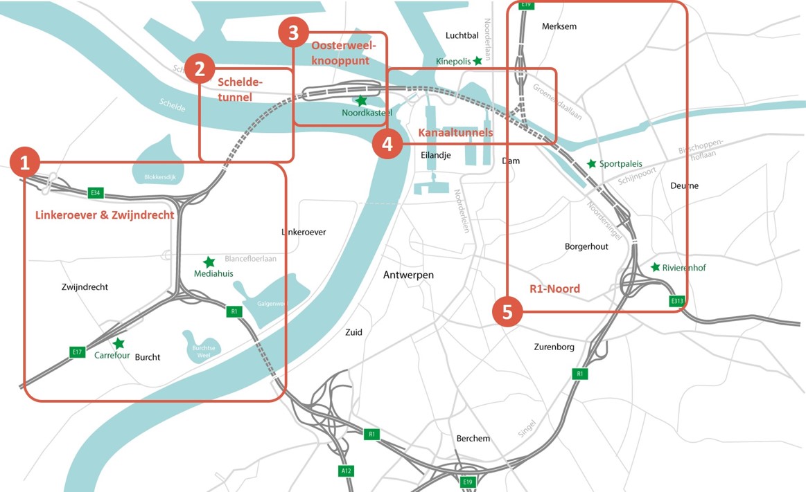 Figuur 2 Overzicht deelprojecten Oosterweelverbinding (bron: LANTIS)